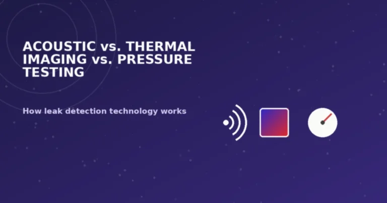 Graphic comparing acoustic, thermal imaging, and pressure testing leak detection methods